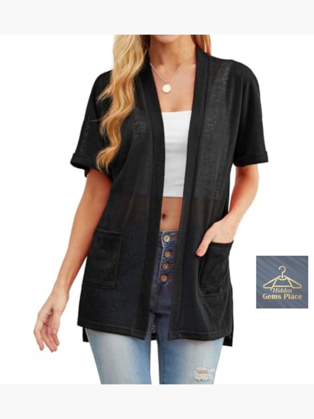 Lightweight Knit Cardigan with Pockets Short Sleeve Sheer Cover Up - Picture 5 of 7